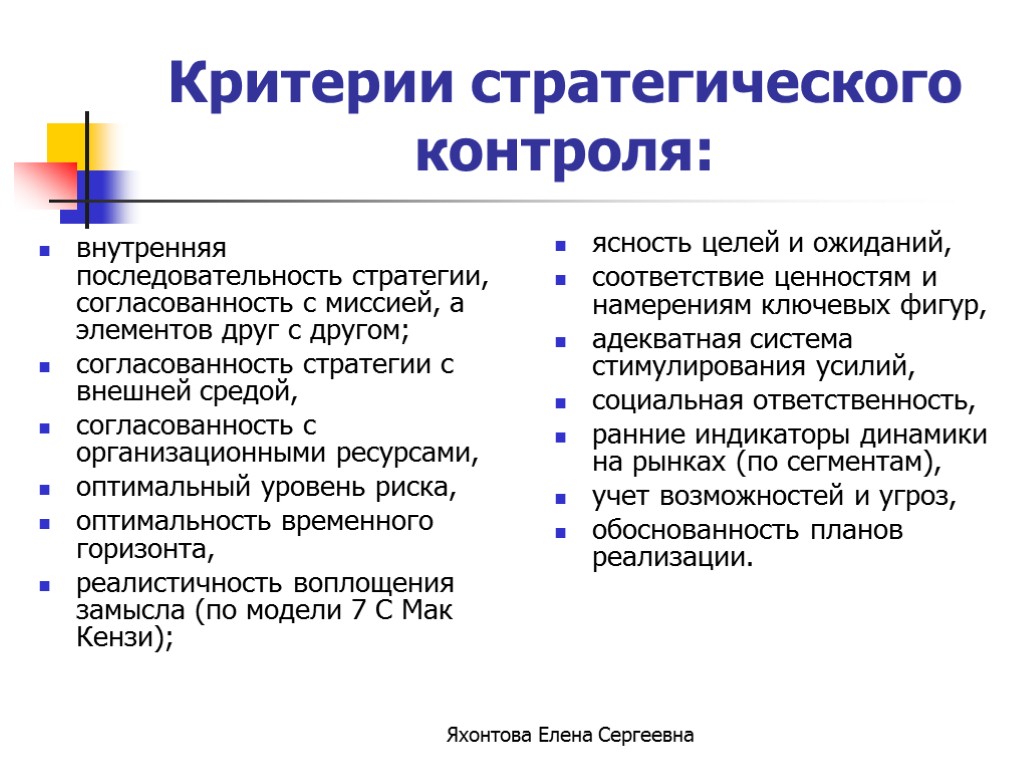 Яхонтова Елена Сергеевна Критерии стратегического контроля: внутренняя последовательность стратегии, согласованность с миссией, а элементов